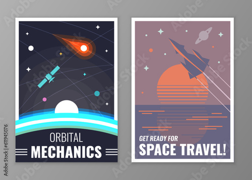 Retro vintage space poster. Illustration of space elements on a background of a sunset horizon.