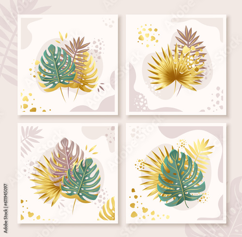 Set of vector square illustrations. Bouquet of trendy golden tropical leaves on abstract background.