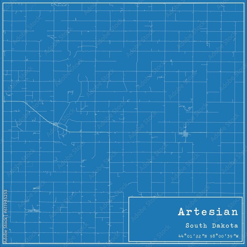 Blueprint US city map of Artesian, South Dakota.