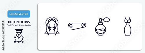 woman clothing outline icons set. woman clothing thin line icons pack included female with long hair, perdible pin, parfum bottle, feminine fashion vector.