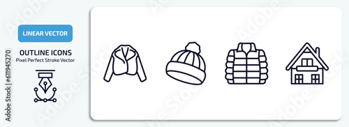 winter outline icons set. winter thin line icons pack included fur coat, winter cap, anorak vest, chalet vector.