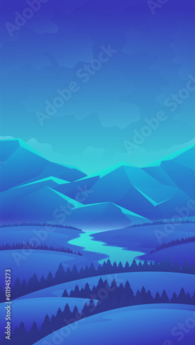 Fields with river on majestic mountains background