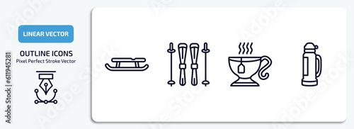 winter outline icons set. winter thin line icons pack included sled, ski equiptment, hot tea, themos flask vector.