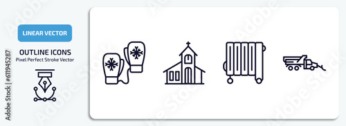 winter outline icons set. winter thin line icons pack included mittens, chapel, heater, snowplow vector.