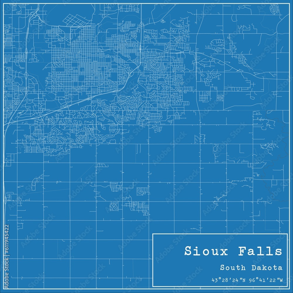 Blueprint US city map of Sioux Falls, South Dakota. Blueprint US city map of Sioux Falls, South Dakota.