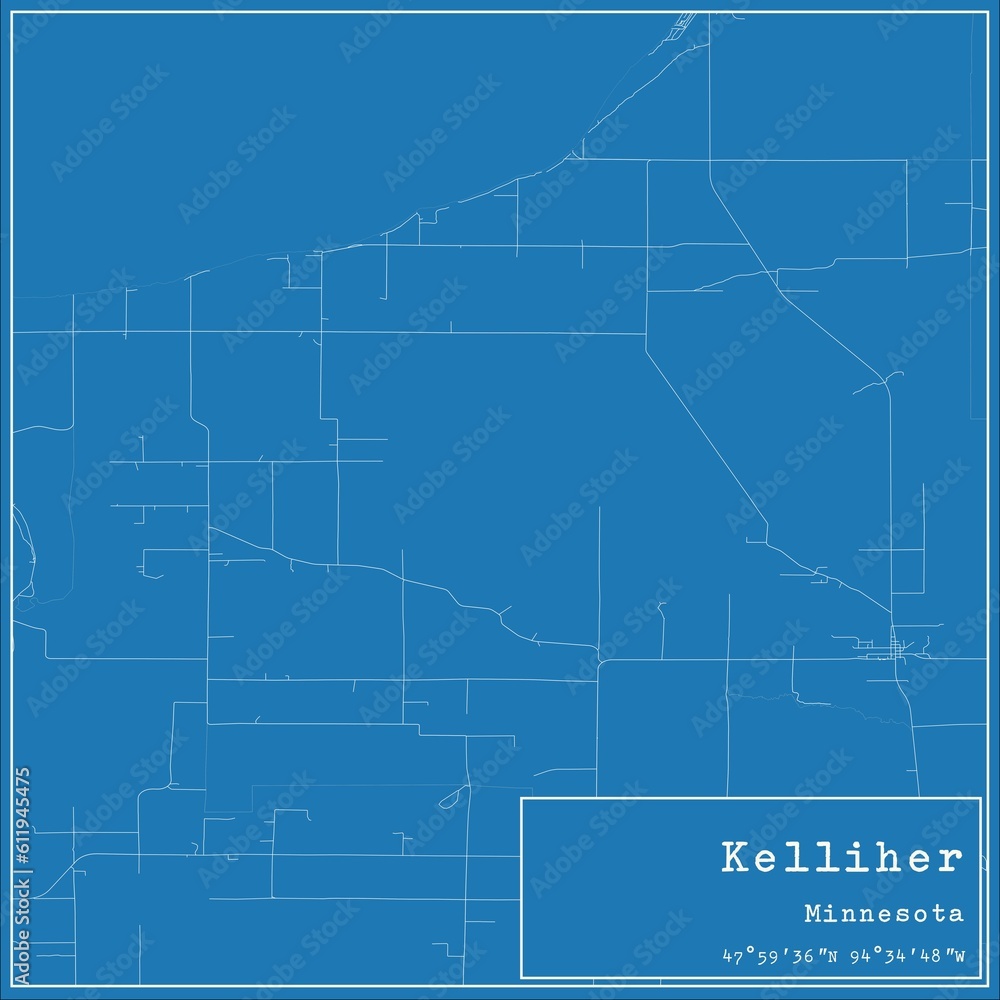 Blueprint US city map of Kelliher, Minnesota.