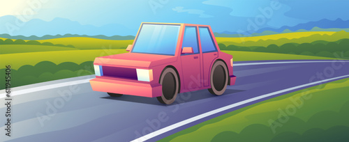 Cartoon pink car drives on empty road across the fields. Summer horizontal travel illustration.