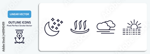 weather outline icons set. weather thin line icons pack included starry night, warm, blanket of fog, foggy day vector.