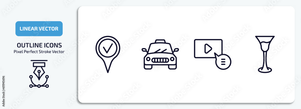 Naklejka premium ultimate glyphicons outline icons set. ultimate glyphicons thin line icons pack included checked pin, taxi fron view, video comment, cocktail glass vector.