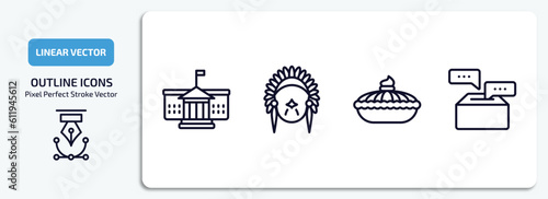 united states of america outline icons set. united states of america thin line icons pack included white house, american native, pumpkin pie, democracy vector.