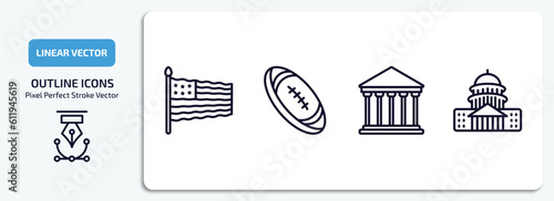 united states of america outline icons set. united states of america thin line icons pack included flag day, rugby, government, capitol vector.