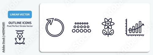 ultimate glyphicons outline icons set. ultimate glyphicons thin line icons pack included reload arrow, big and small dots, flower with leaves, upload arrow with bar vector.