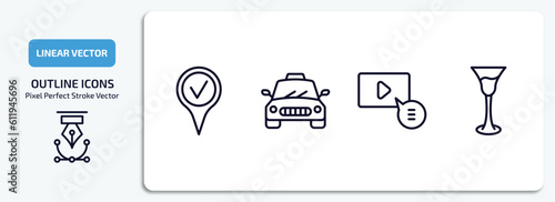 ultimate glyphicons outline icons set. ultimate glyphicons thin line icons pack included checked pin, taxi fron view, video comment, cocktail glass vector.