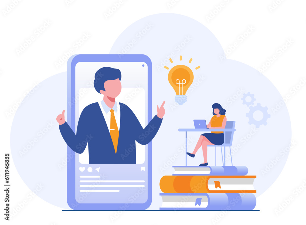 Online business course banner. presentation, teleconference, finance, teacher on laptop screen, people watching online course. Web courses or tutorials concept. Flat vector illustration