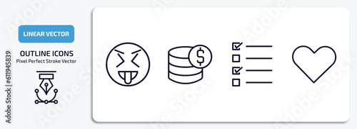 user interface outline icons set. user interface thin line icons pack included insolent, earn money, test quiz, hearth vector.