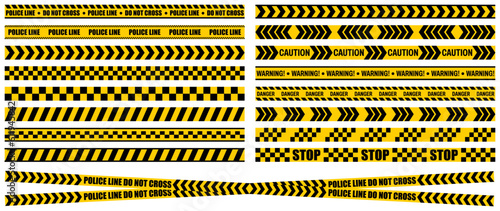 set collections Black and yellow police line tape stripe crime scene area Icon. Warning, caution, danger criminal investigation forbidden zone sign vector illustration © Javanism