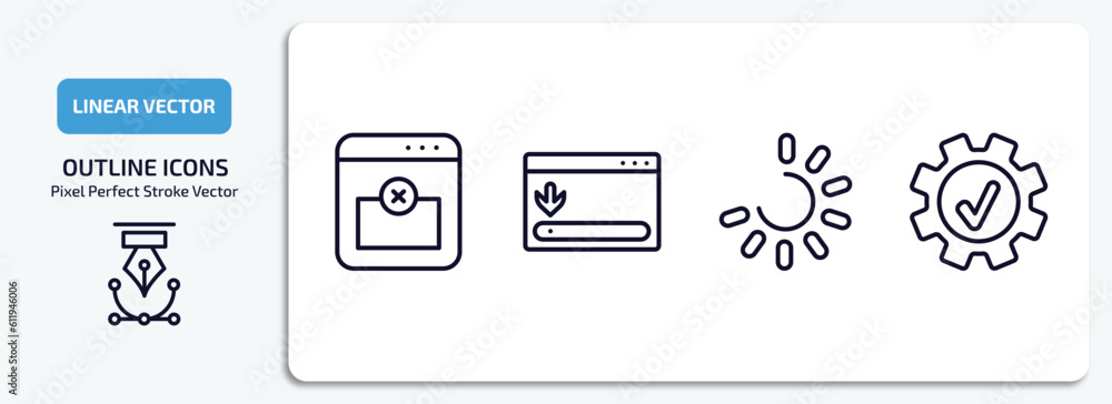 user interface outline icons set. user interface thin line icons pack included remove right frame, window scrolling right, loading process, right tings vector.