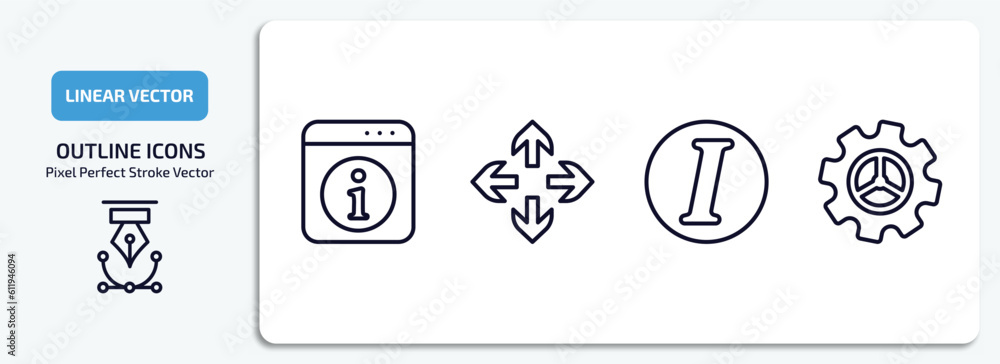 user interface outline icons set. user interface thin line icons pack included information button, move arrows, italic, tings vector.
