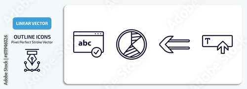 user interface outline icons set. user interface thin line icons pack included spellcheck, pie chart organization, slim left, text in vector.