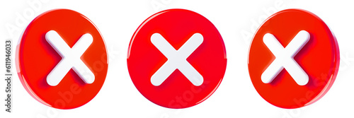 Red Cross 3D Icon. Wrong, Rejection Sign from rounded icon from different angles 3D Illustration