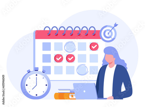 Business time management, deadline concept, planner, calender, clock, business target, flat vector illustration banner