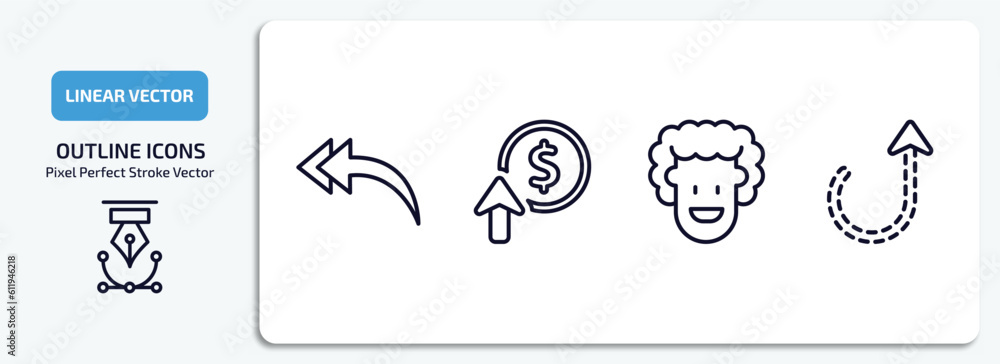 user interface outline icons set. user interface thin line icons pack included turn left only, improve incomes, emot, curly dotted arrow vector.