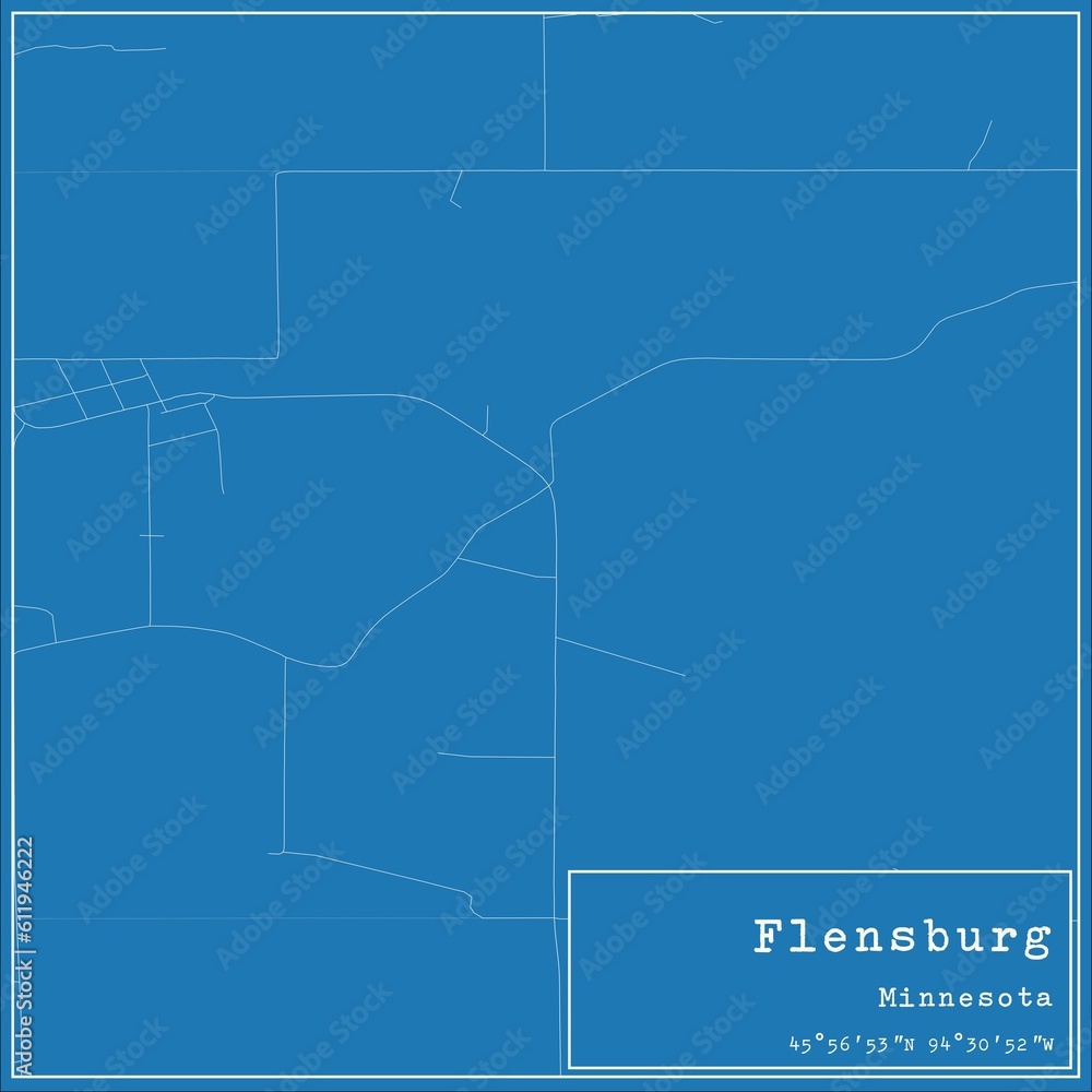 Blueprint US city map of Flensburg, Minnesota.