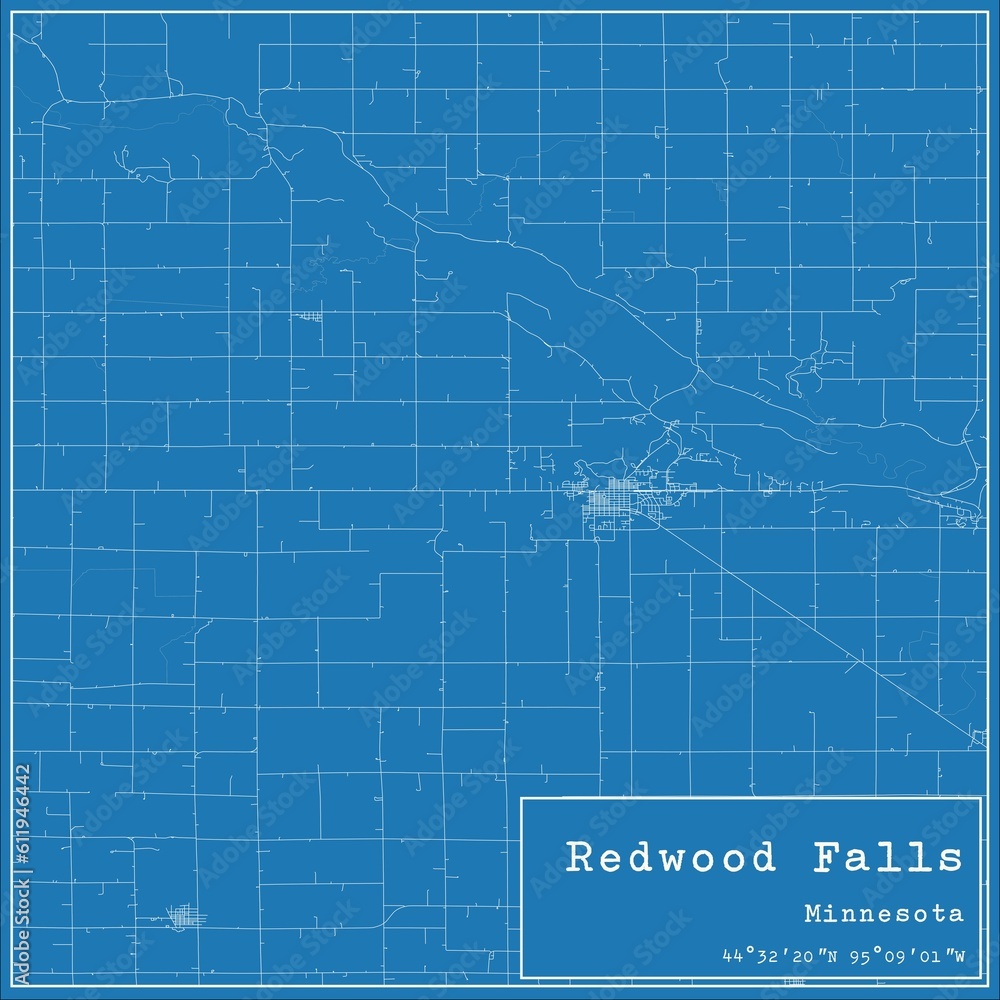 Blueprint US city map of Redwood Falls, Minnesota.