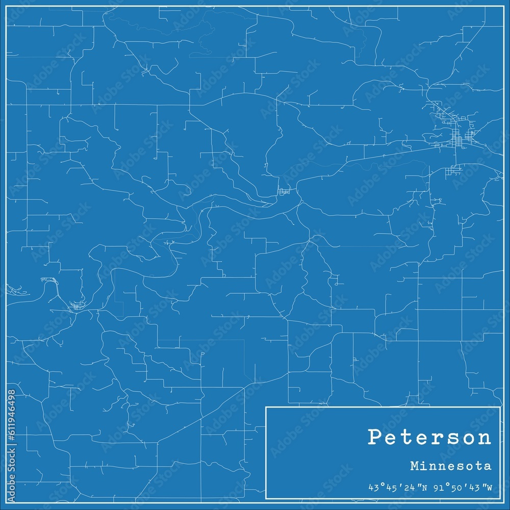 Blueprint US city map of Peterson, Minnesota.