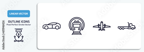 transportation outline icons set. transportation thin line icons pack included electro car, , airliner, flatbed lorry vector.