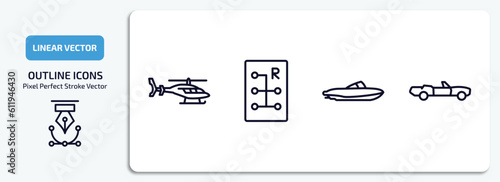 transportation outline icons set. transportation thin line icons pack included helicopter profile, gear box, houseboat, cabriolet vector.
