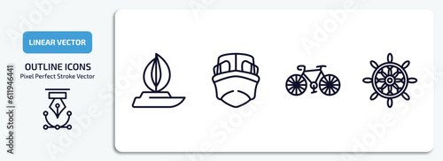 transportation outline icons set. transportation thin line icons pack included sailboat, boat front view, vintage bicycle, ship helm vector.