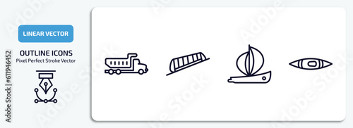 transportation outline icons set. transportation thin line icons pack included litter car, funicular railway, yawl, kayak vector.