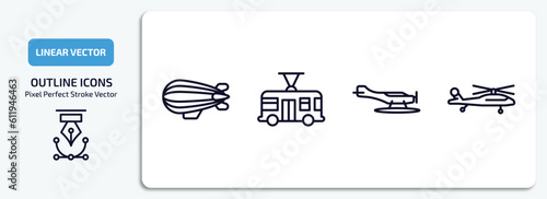 transportation outline icons set. transportation thin line icons pack included zeppelin, trolleybus, hydroplane, military helicopter vector.