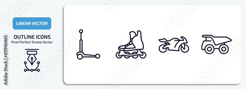 transportation outline icons set. transportation thin line icons pack included micro scooter, inline skates, motorbike, haul vector.