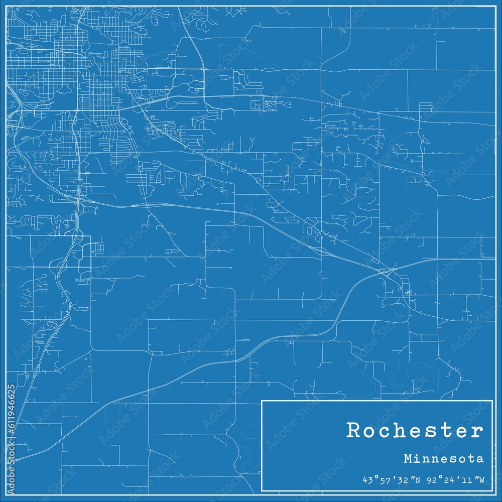 Blueprint US city map of Rochester, Minnesota.