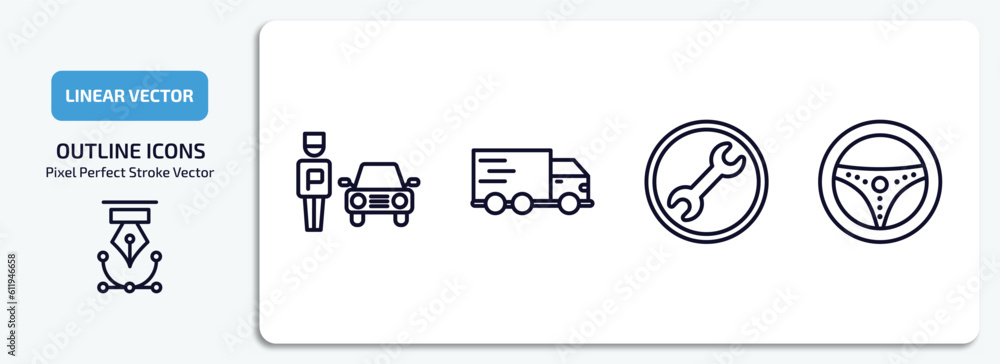 Naklejka premium transport outline icons set. transport thin line icons pack included parking men, free transport, repair, steering vector.