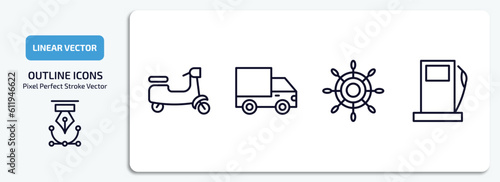 transport outline icons set. transport thin line icons pack included scooter bike, heavy vehicle, ship wheel, petrol station vector.