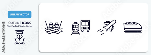 transport outline icons set. transport thin line icons pack included ferry, public transportation, flying airplane, bobsleigh vector.