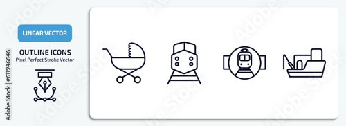 transport outline icons set. transport thin line icons pack included babysitter, diesel train, tram stop label, fishing boat vector.