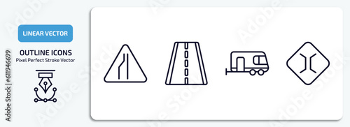 traffic signs outline icons set. traffic signs thin line icons pack included narrow lane, highway, caravan, narrow bridge vector.