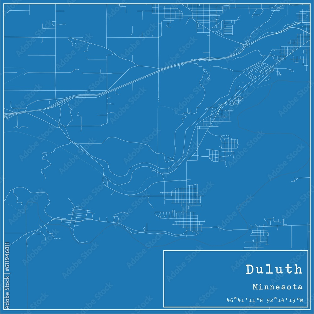 Blueprint US city map of Duluth, Minnesota.