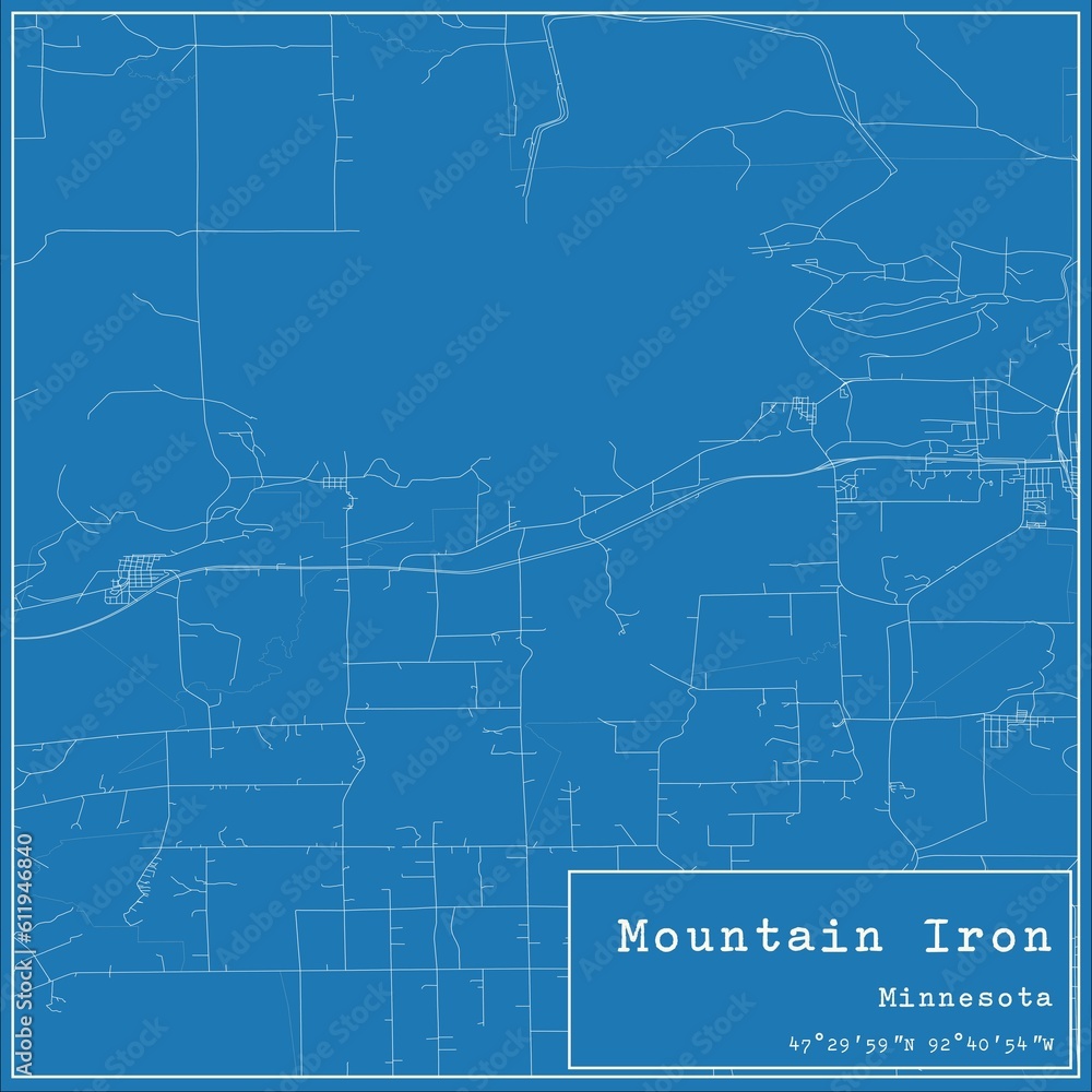 Blueprint US city map of Mountain Iron, Minnesota.