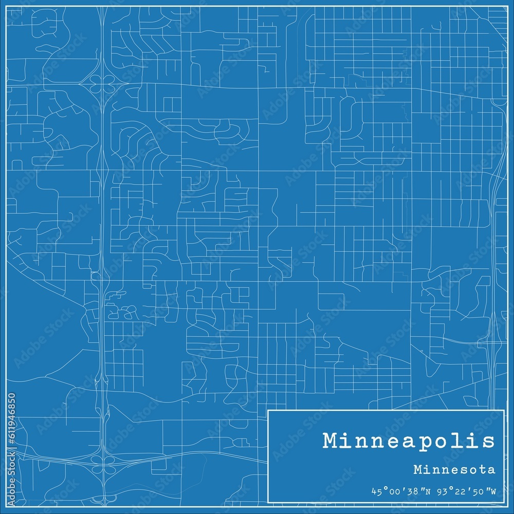 Blueprint US city map of Minneapolis, Minnesota.