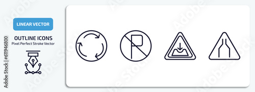 traffic signs outline icons set. traffic signs thin line icons pack included roundabout, no parking, pothole, narrow road vector.
