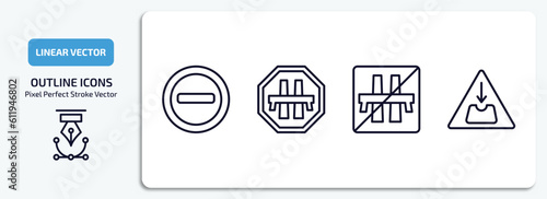 traffic signs outline icons set. traffic signs thin line icons pack included prohibited way, motorway, end motorway, pothole vector.