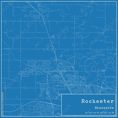 Blueprint US city map of Rochester, Minnesota.