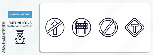 traffic signs outline icons set. traffic signs thin line icons pack included no straight, barrier, forbidden, t junction vector.