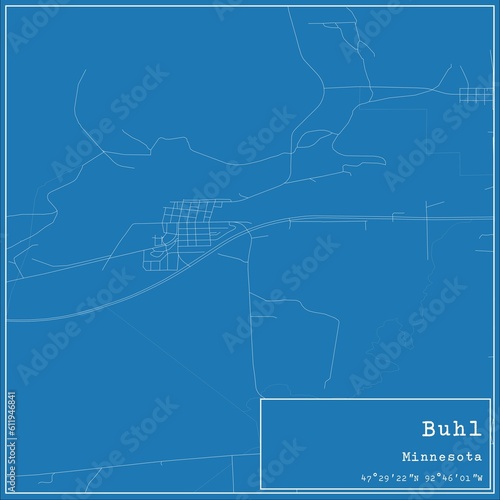 Blueprint US city map of Buhl, Minnesota.