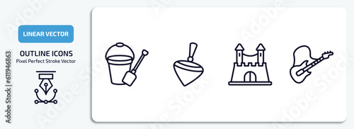 toys outline icons set. toys thin line icons pack included sand bucket toy, spinning toy, castle toy, guitar vector.